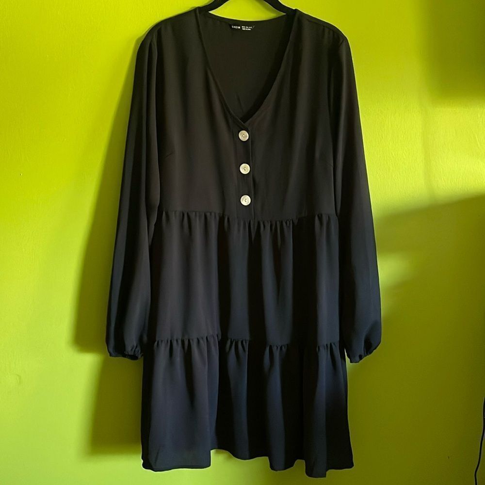 Shein Black Long Sleeve Babydoll Midi Dress Size XL